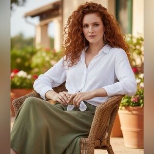 BeachLunchLounge White Cotton Gauzy Tie Button Front Blouse Size XL